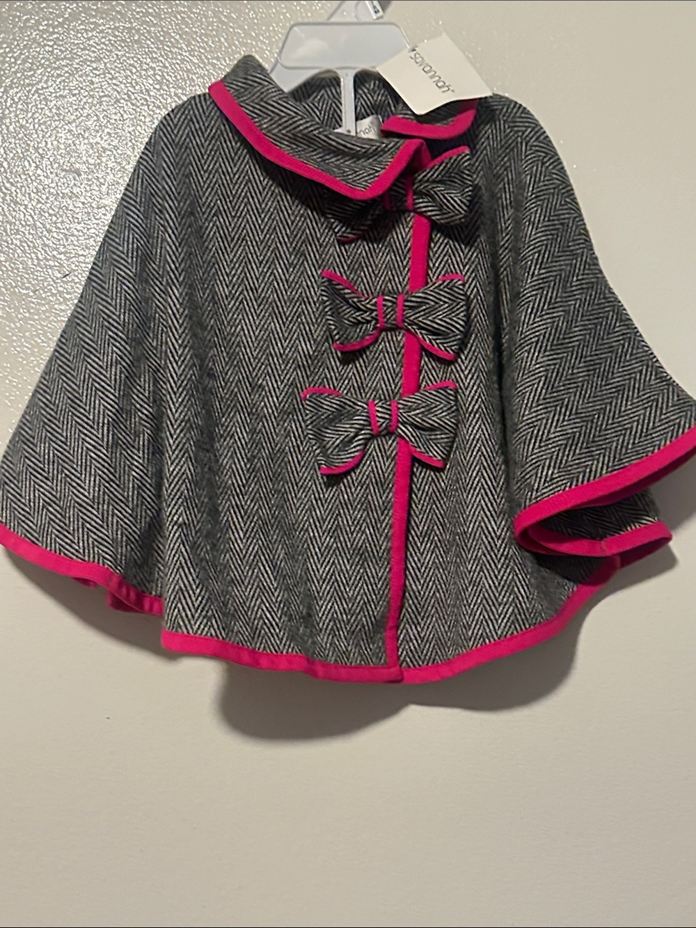 Savannah Gray Herringbone Cape with Hot Pink Trim